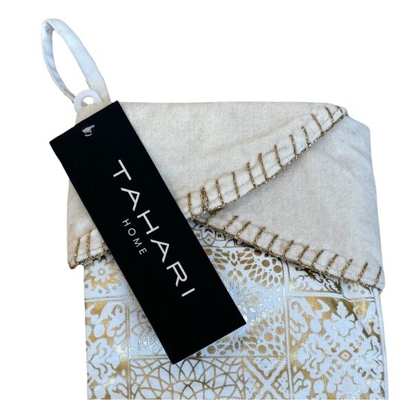 Tahari Home Ivory Embroidered Metallic Gold Geometric Christmas Stocking NWT - Picture 3 of 8